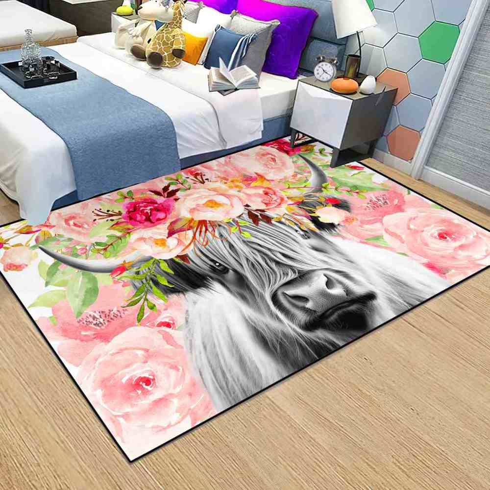 Pink Watercolor Floral Crown Highland Cow Girls Bedroom Rug | CozyLil