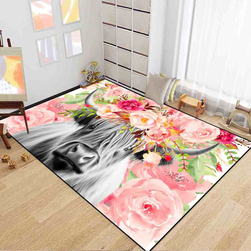Pink Watercolor Floral Crown Highland Cow Girls Bedroom Rug | CozyLil