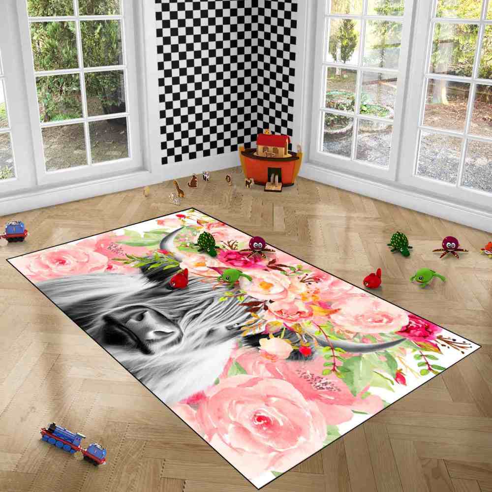 Pink Watercolor Floral Crown Highland Cow Girls Bedroom Rug | CozyLil