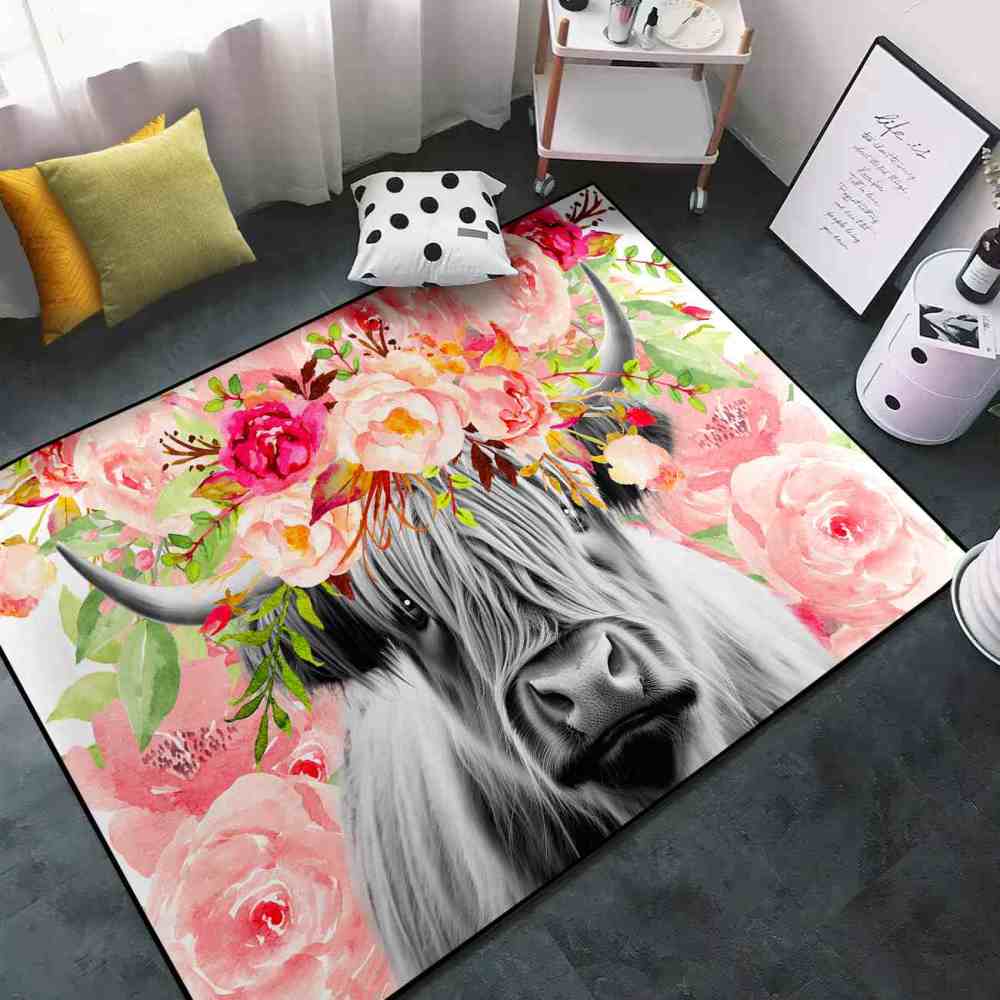 Pink Watercolor Floral Crown Highland Cow Girls Bedroom Rug | CozyLil