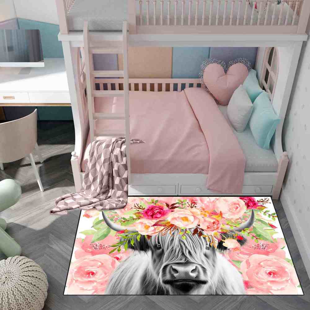 Pink Watercolor Floral Crown Highland Cow Girls Bedroom Rug | CozyLil