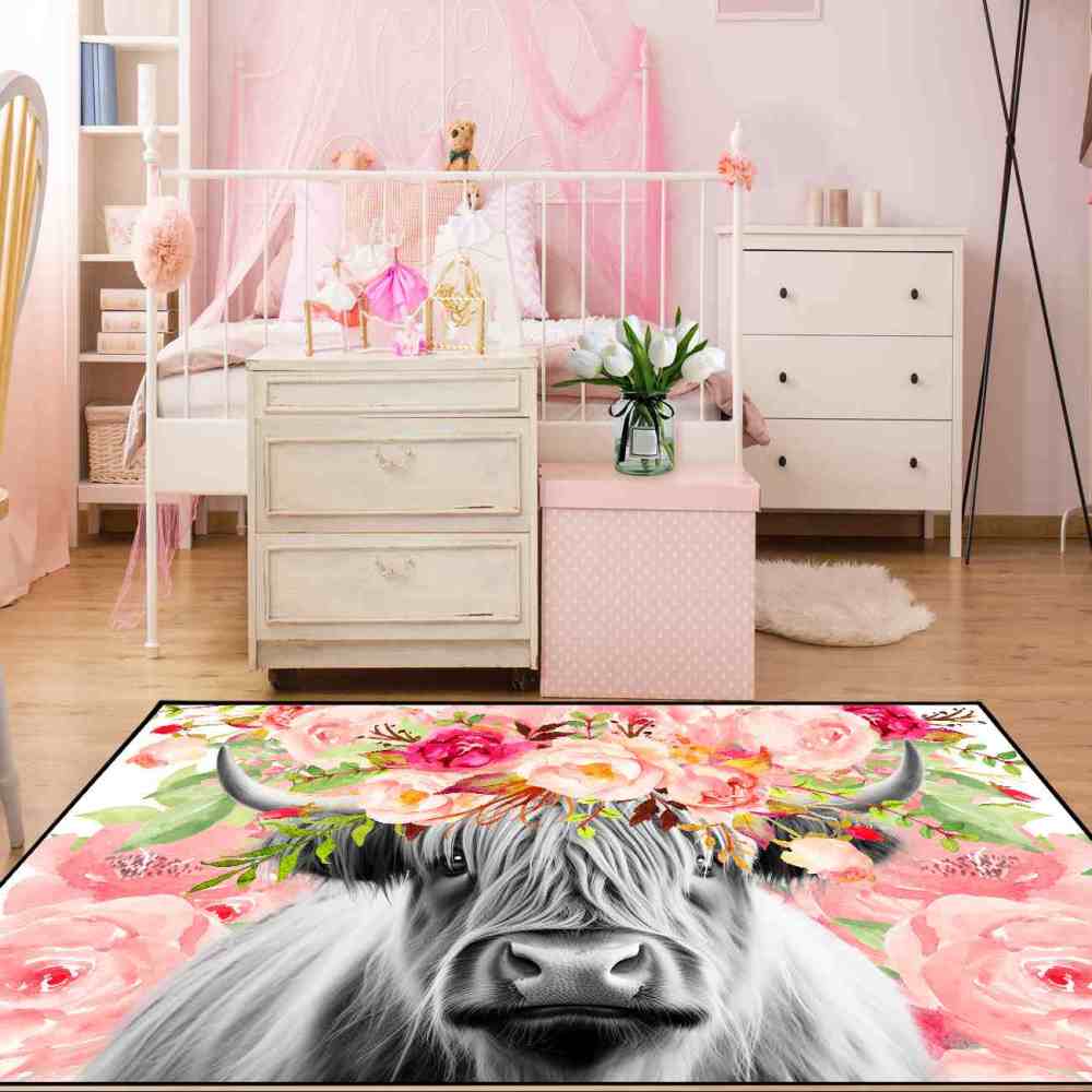 Pink Watercolor Floral Crown Highland Cow Girls Bedroom Rug | CozyLil