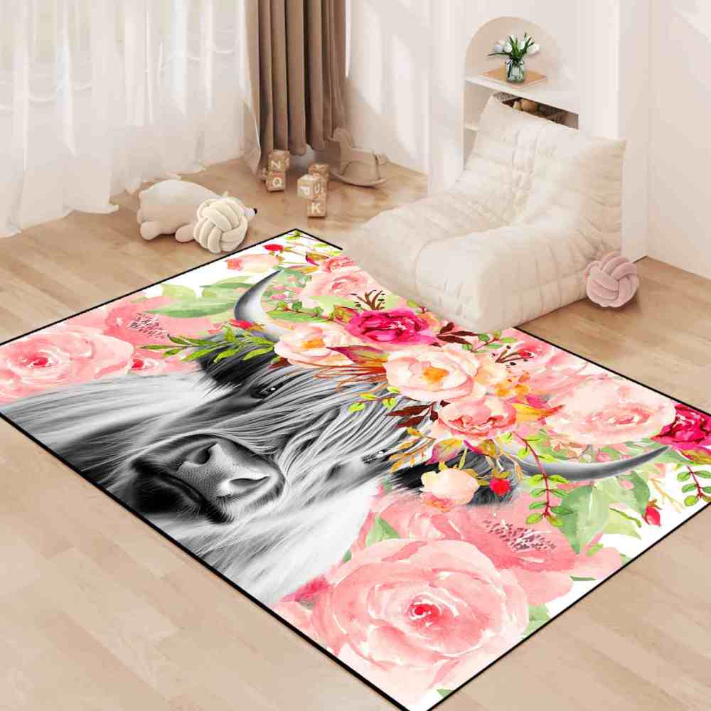 Pink Watercolor Floral Crown Highland Cow Girls Bedroom Rug | CozyLil