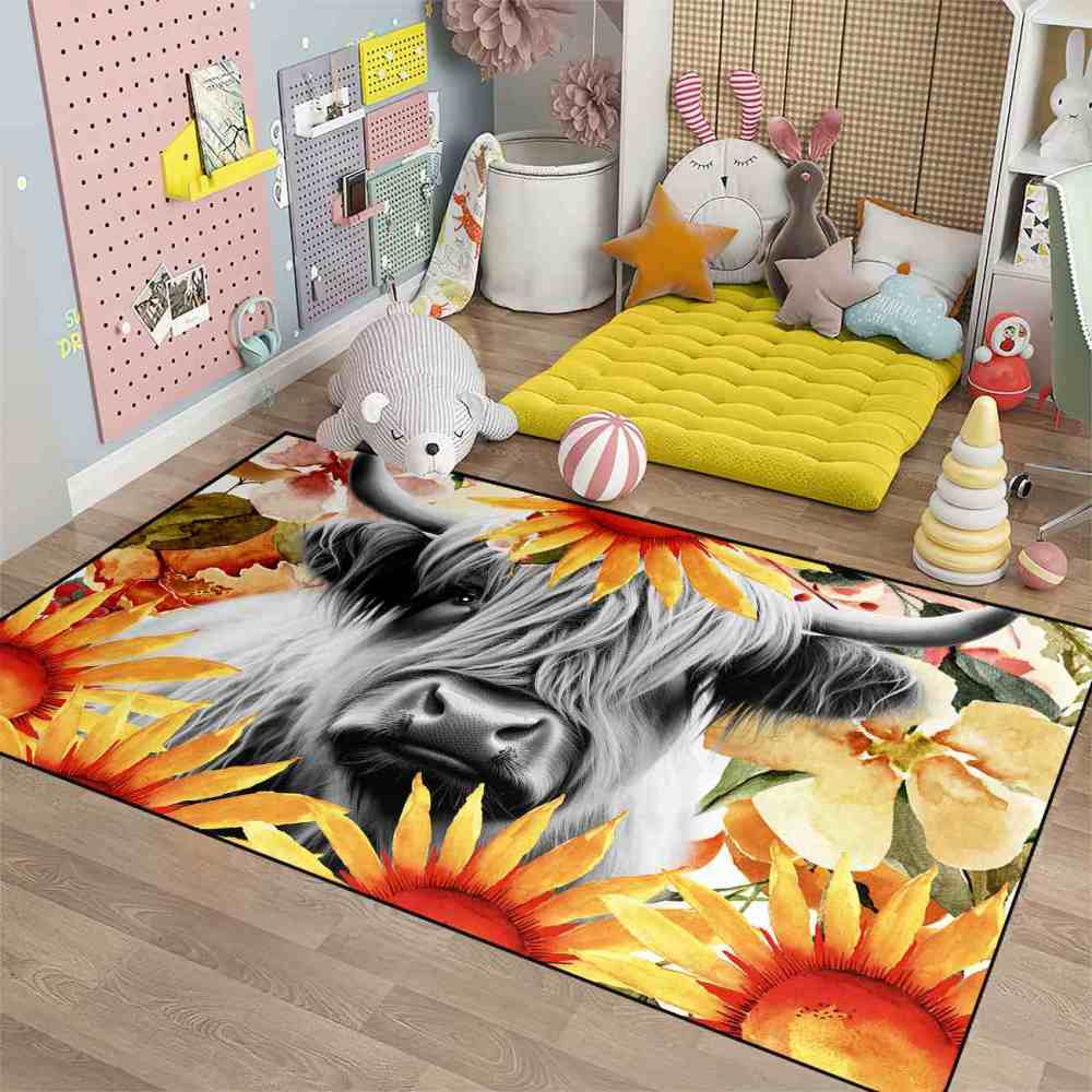 Yellow Sunflower Highland Cow Toddler Nursery Area Rug | CozyLil