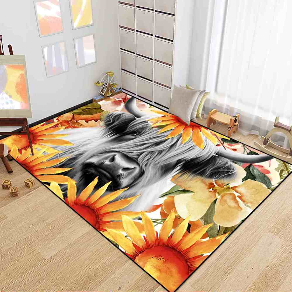 Yellow Sunflower Highland Cow Toddler Nursery Area Rug | CozyLil
