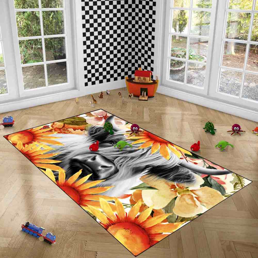 Yellow Sunflower Highland Cow Toddler Nursery Area Rug | CozyLil