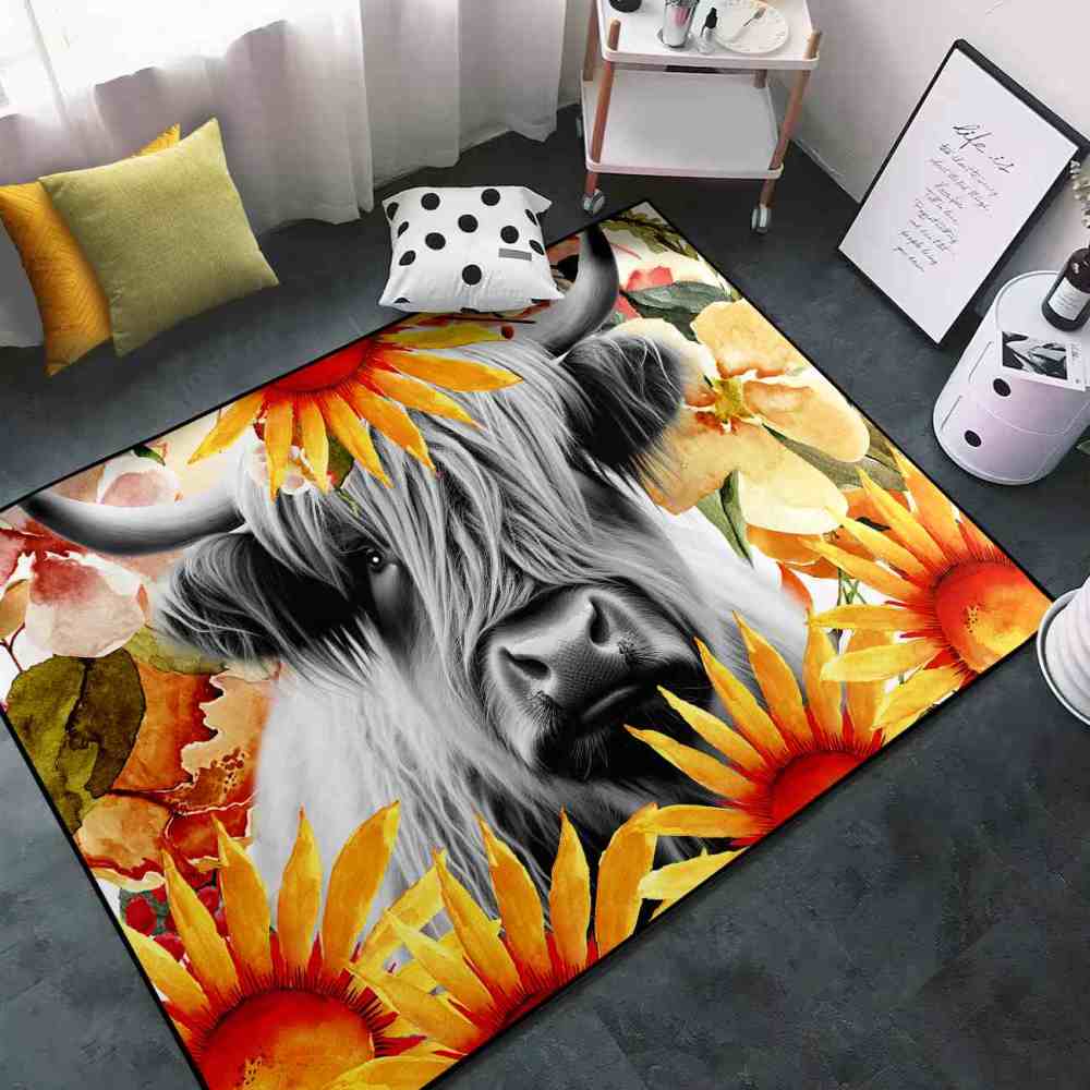 Yellow Sunflower Highland Cow Toddler Nursery Area Rug | CozyLil