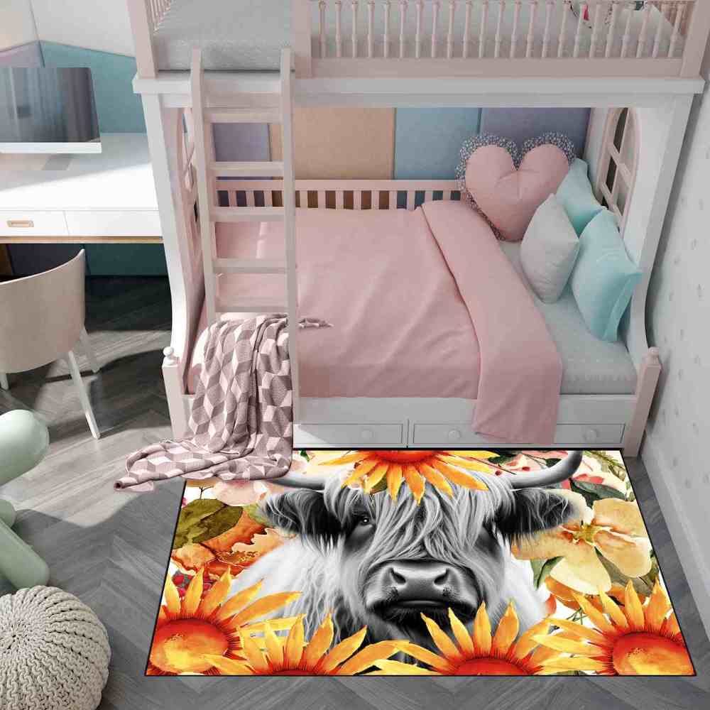 Yellow Sunflower Highland Cow Toddler Nursery Area Rug | CozyLil