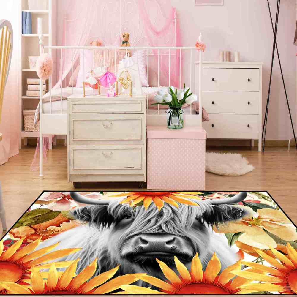 Yellow Sunflower Highland Cow Toddler Nursery Area Rug | CozyLil