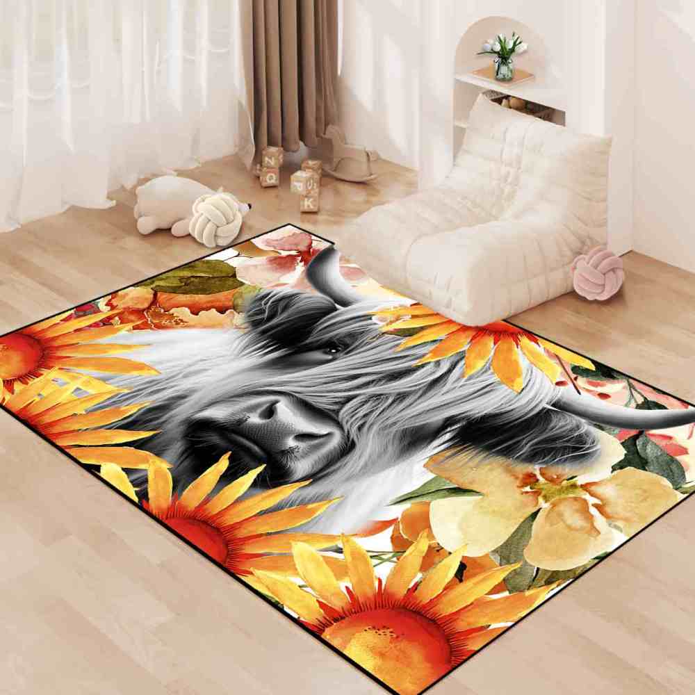Yellow Sunflower Highland Cow Toddler Nursery Area Rug | CozyLil