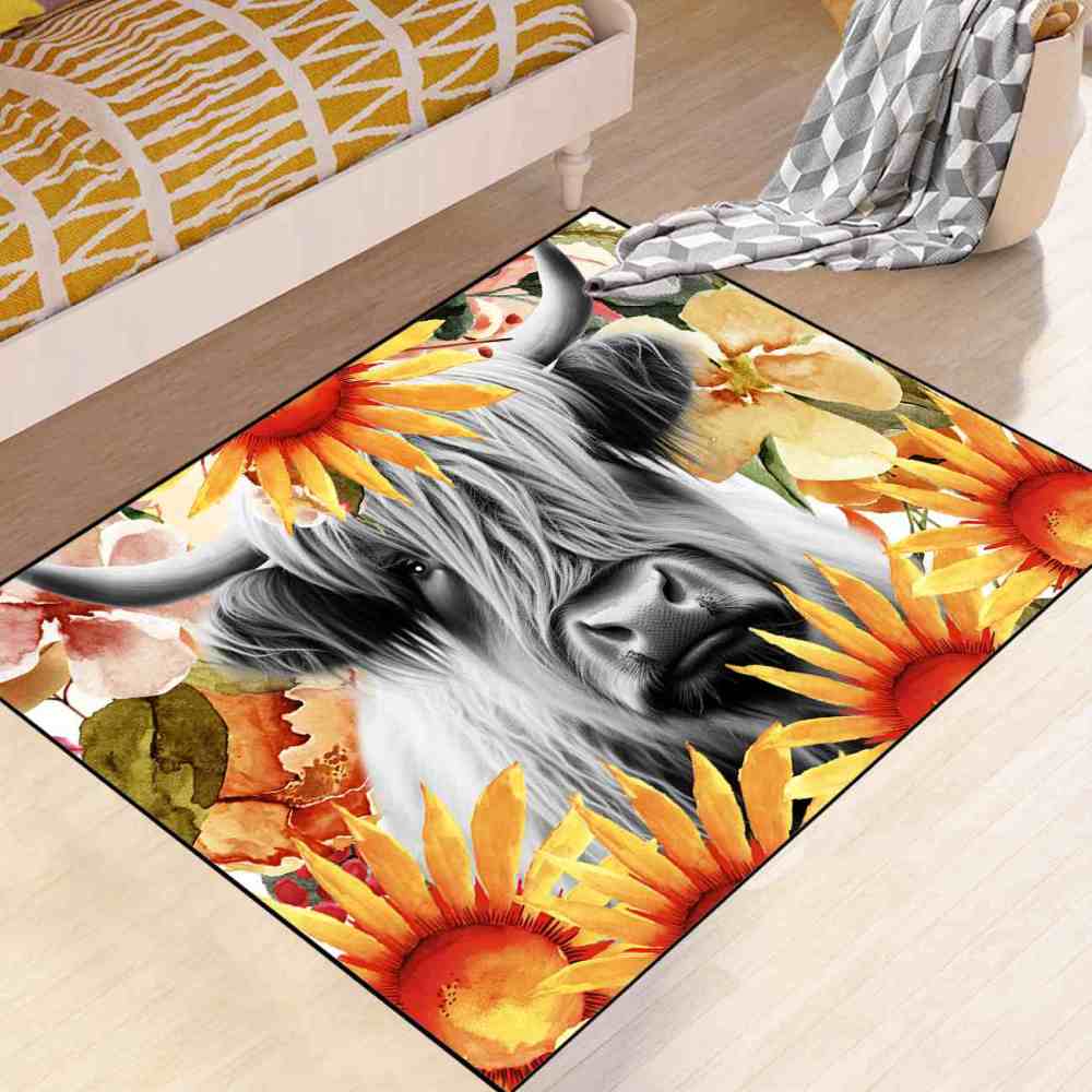 Yellow Sunflower Highland Cow Toddler Nursery Area Rug | CozyLil