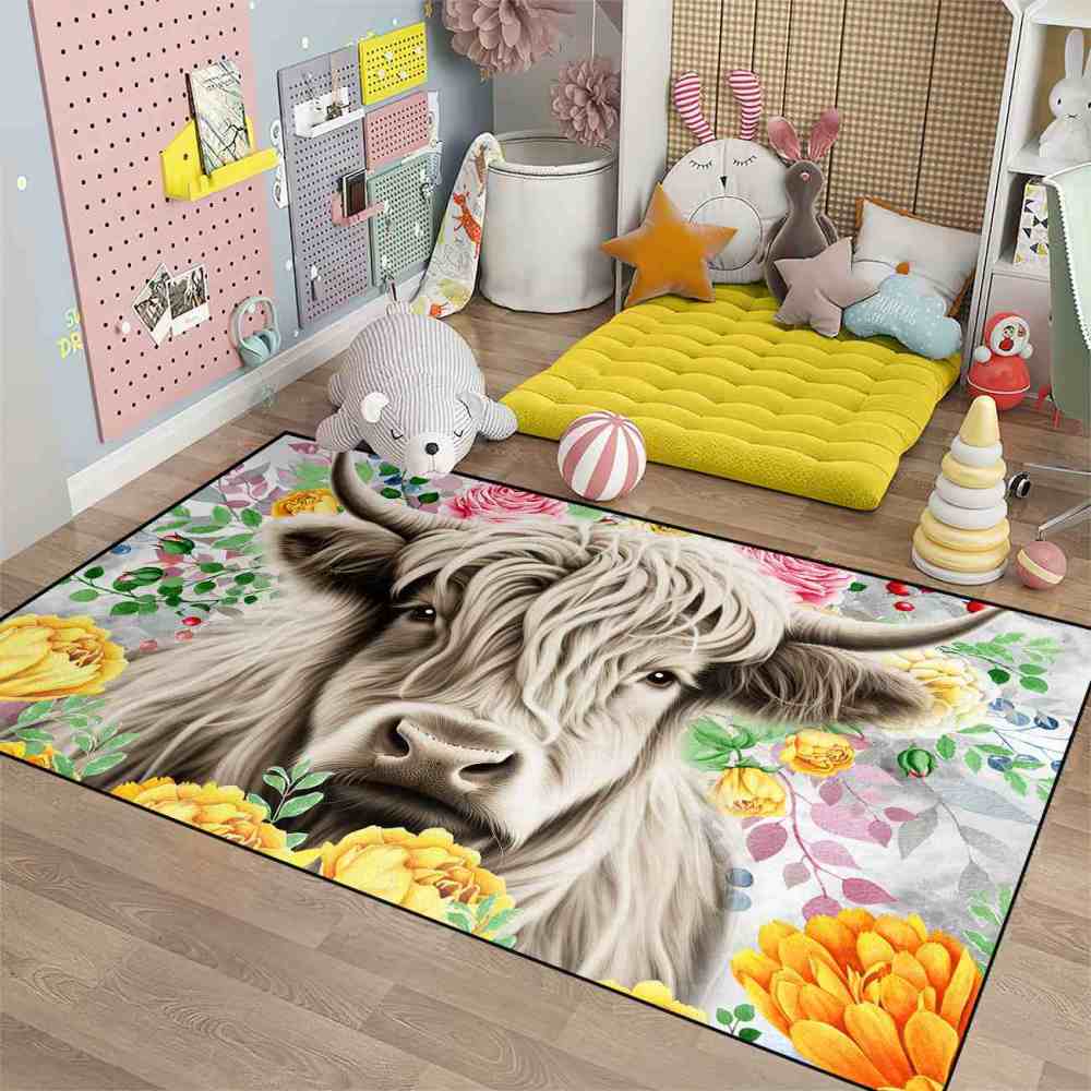 Yellow Blossom Highland Cow Girls Playroom Area Rug | CozyLil