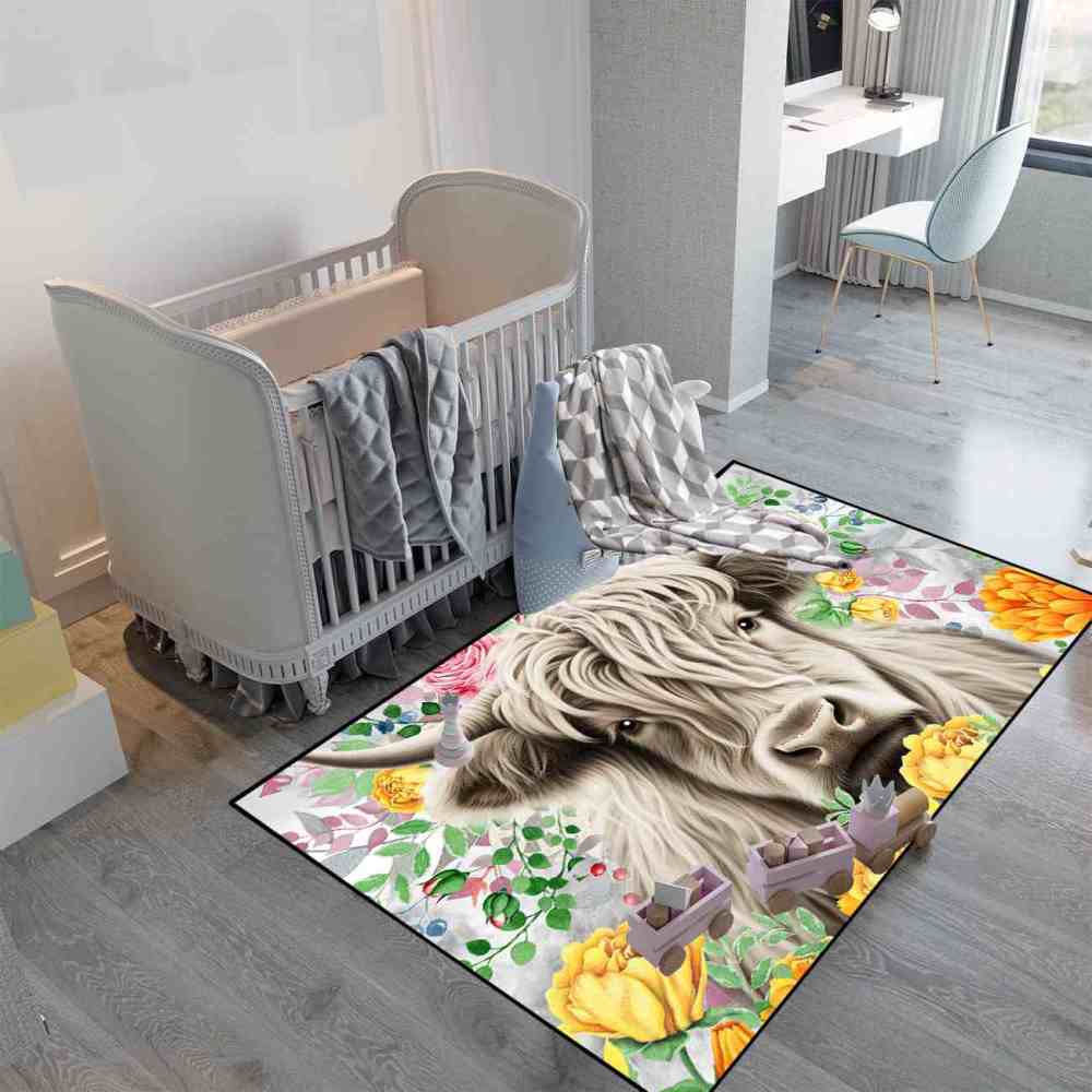 Yellow Blossom Highland Cow Girls Playroom Area Rug | CozyLil