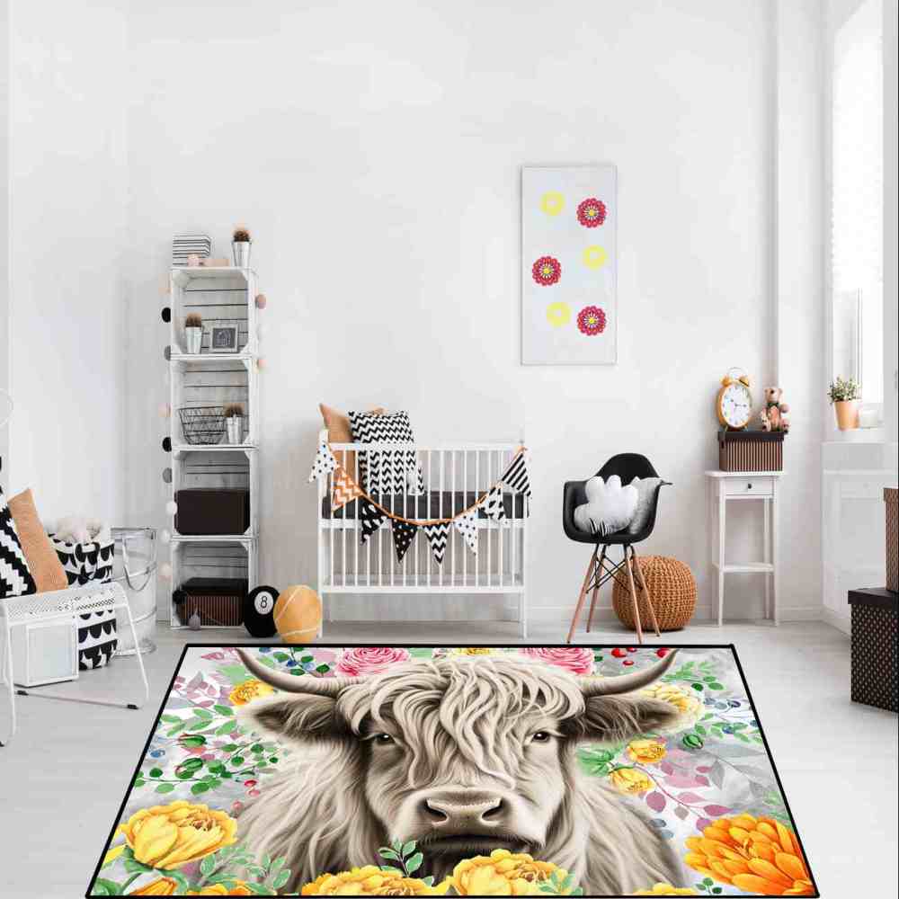 Yellow Blossom Highland Cow Girls Playroom Area Rug | CozyLil