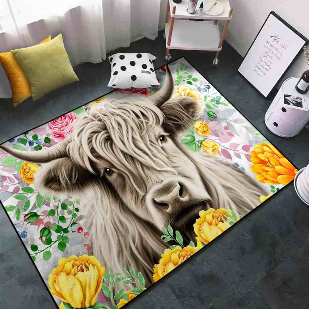 Yellow Blossom Highland Cow Girls Playroom Area Rug | CozyLil