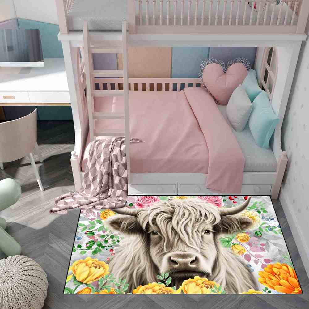 Yellow Blossom Highland Cow Girls Playroom Area Rug | CozyLil