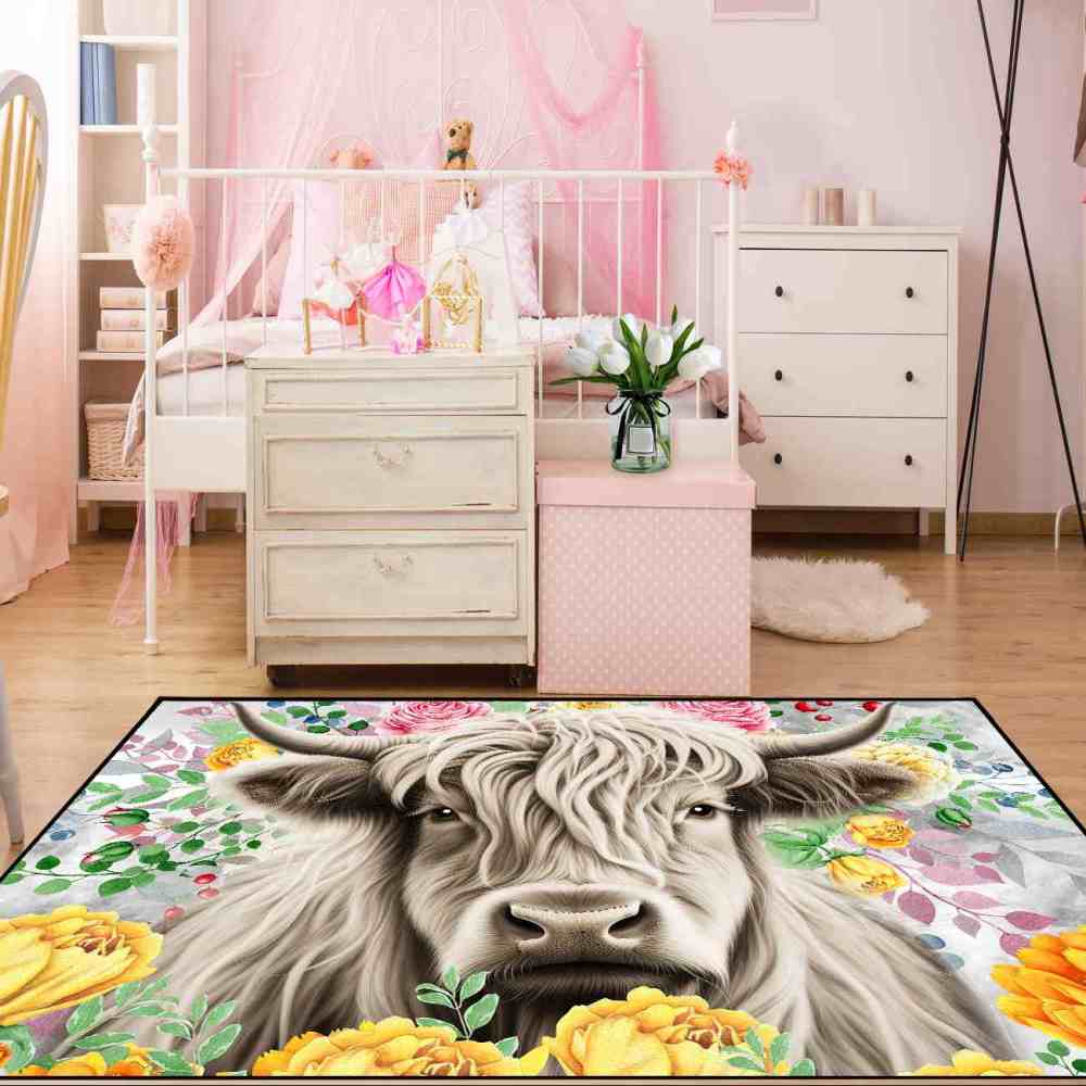 Yellow Blossom Highland Cow Girls Playroom Area Rug | CozyLil