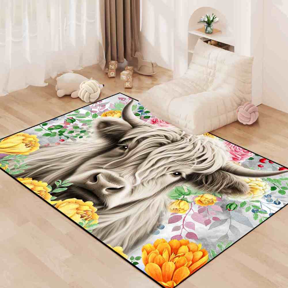 Yellow Blossom Highland Cow Girls Playroom Area Rug | CozyLil