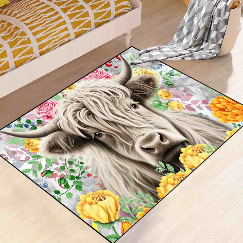 Yellow Blossom Highland Cow Girls Playroom Area Rug | CozyLil