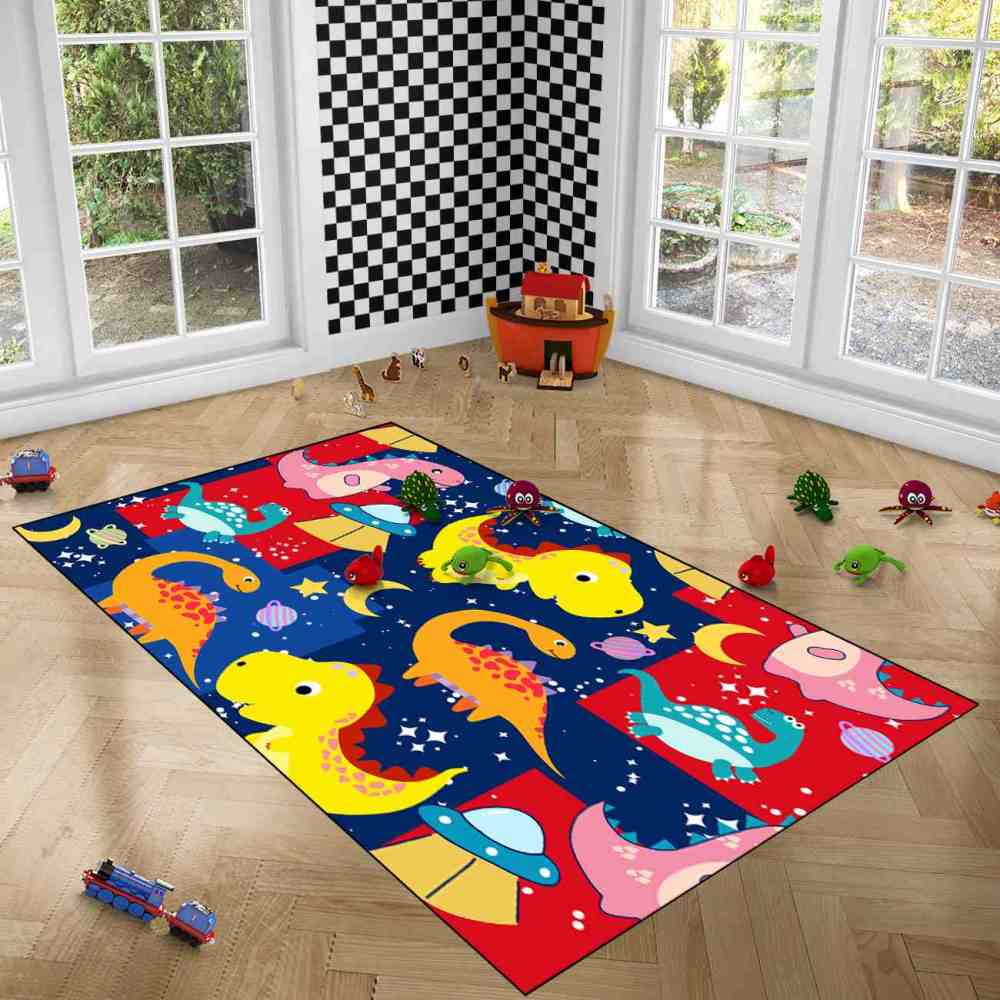 UFO Space Dinosaur Color Block Toddler Boys Playroom Rug | CozyLil