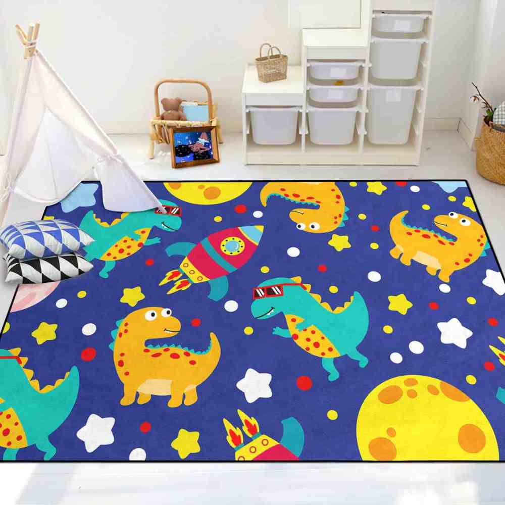 Cute Sunglass Dinosaur & Rocket Area Rug for Kids Playroom | CozyLil