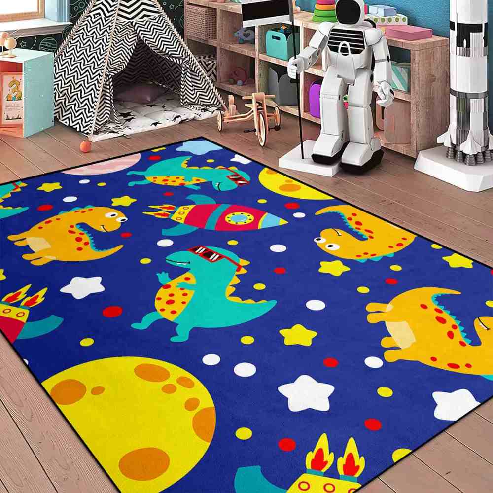 Cute Sunglass Dinosaur & Rocket Area Rug for Kids Playroom | CozyLil