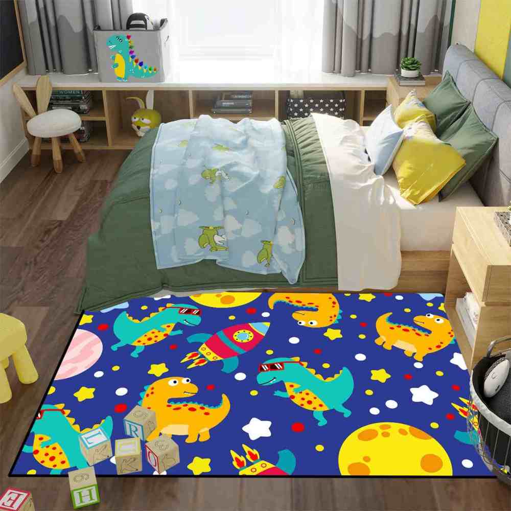 Cute Sunglass Dinosaur & Rocket Area Rug for Kids Playroom | CozyLil