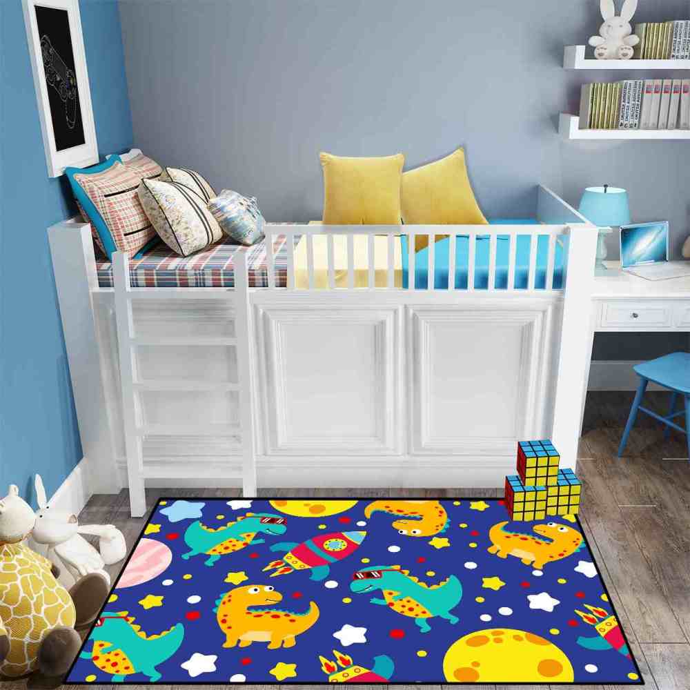 Cute Sunglass Dinosaur & Rocket Area Rug for Kids Playroom | CozyLil
