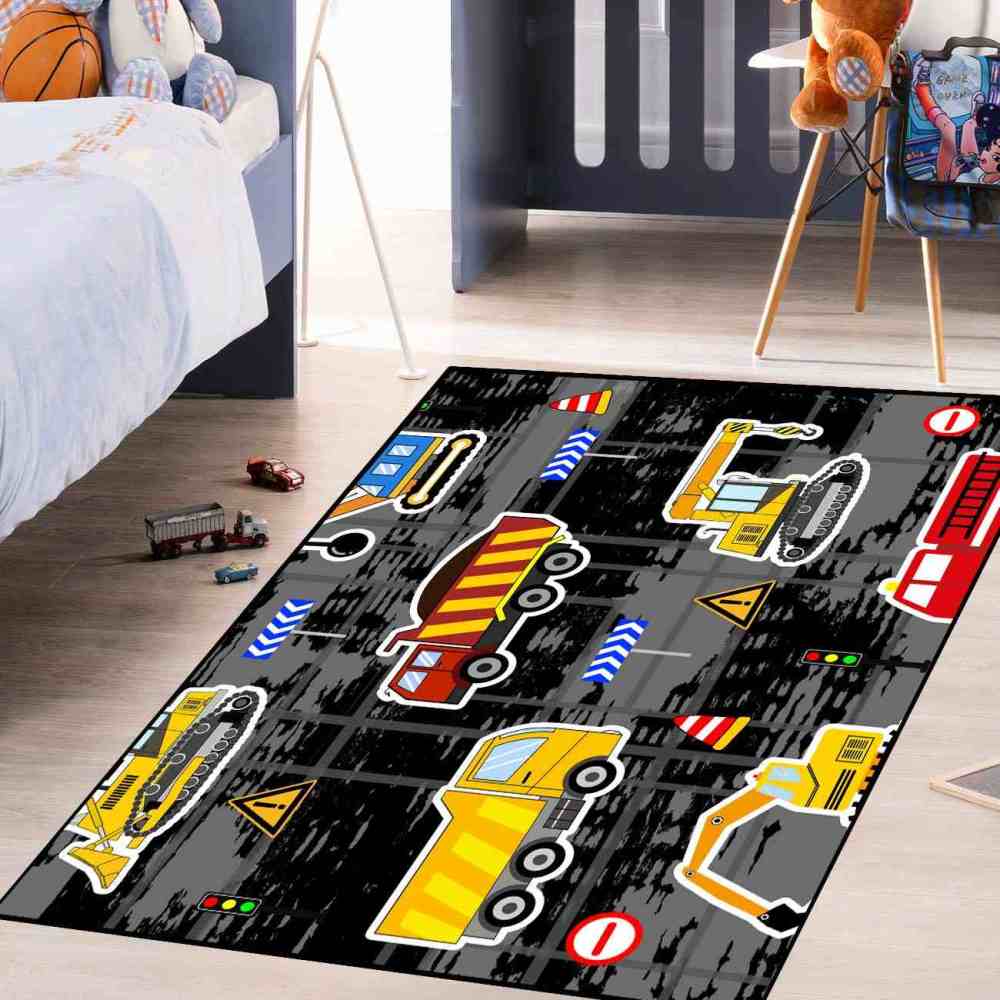 Yellow Bulldozer & Dump Truck Play Mat for Boys Bedroom | CozyLil