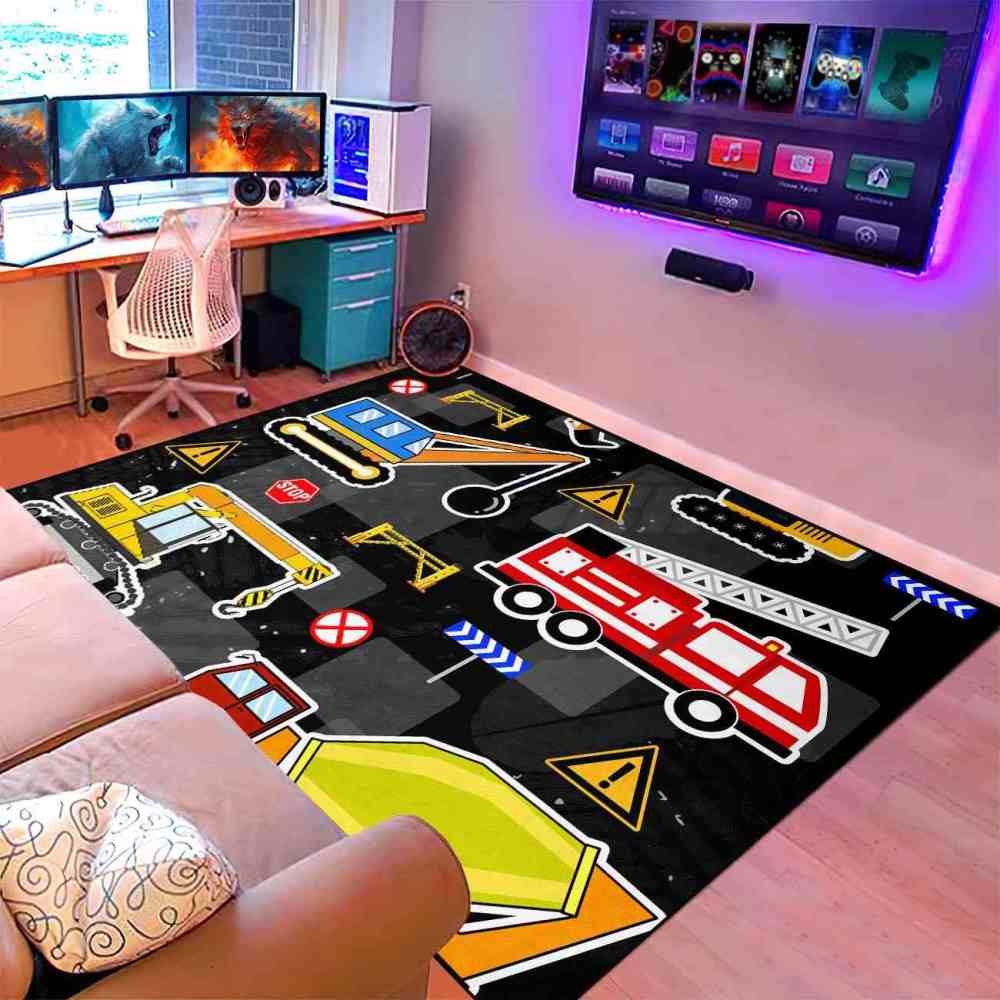 Hazard Stripe Cement Mixer Area Rug for Boys Playroom | CozyLil