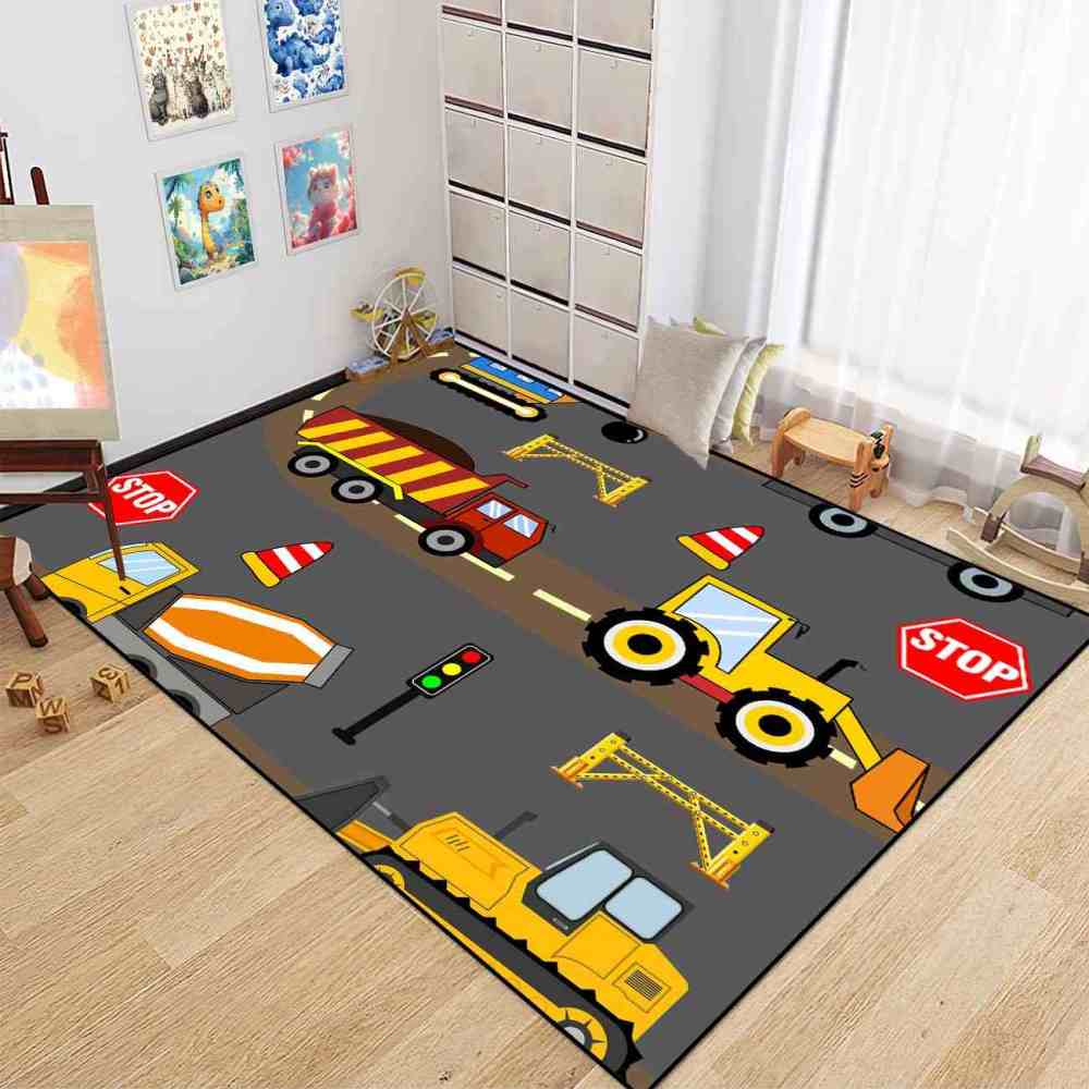 City Road Construction Trucks Kids Playroom Area Rug For Boys | CozyLil