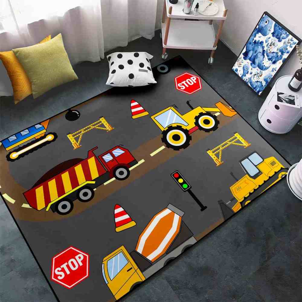 City Road Construction Trucks Kids Playroom Area Rug For Boys | CozyLil