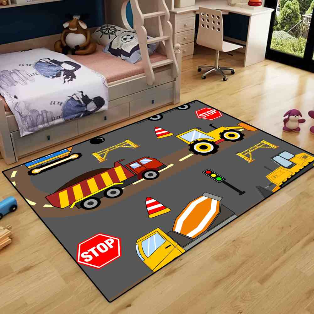 City Road Construction Trucks Kids Playroom Area Rug For Boys | CozyLil
