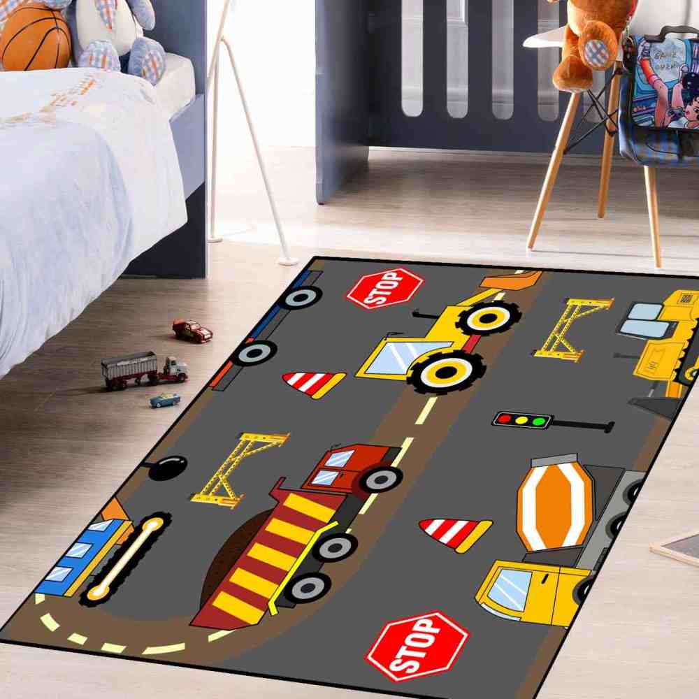 City Road Construction Trucks Kids Playroom Area Rug For Boys | CozyLil