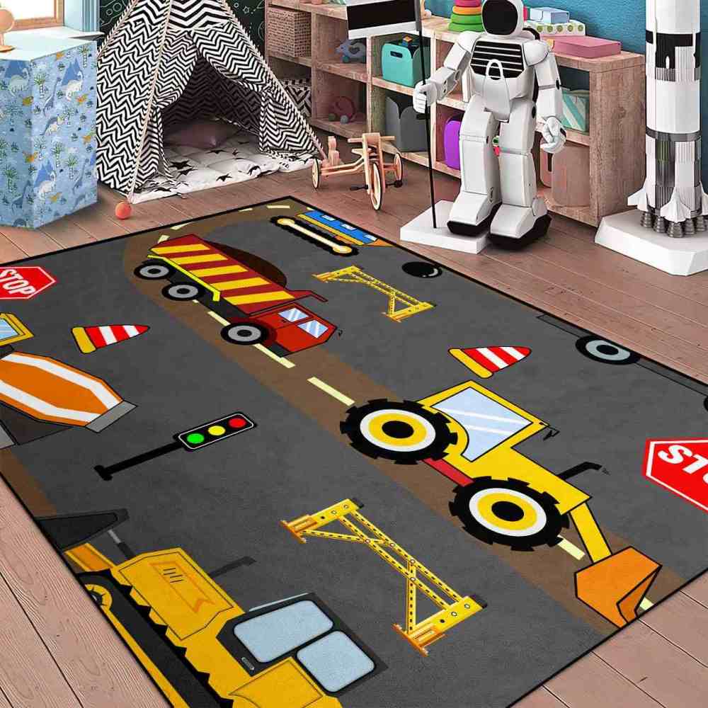 City Road Construction Trucks Kids Playroom Area Rug For Boys | CozyLil