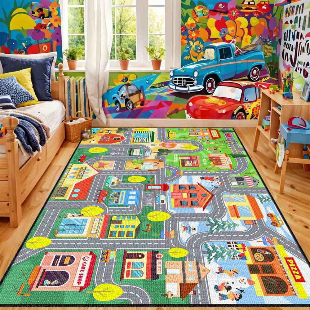 Colorful City Map Farm Village Kids Area Rug Toddler Playroom | CozyLil