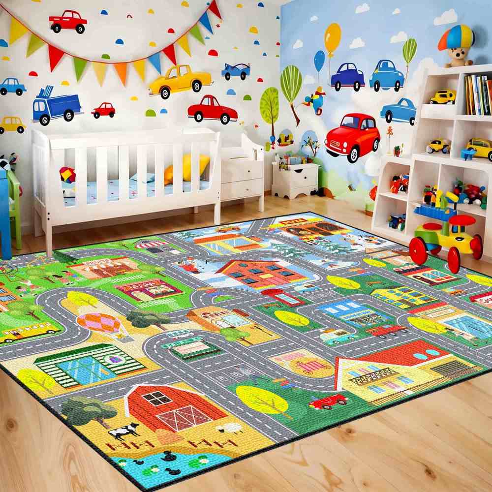Colorful City Map Farm Village Kids Area Rug Toddler Playroom | CozyLil