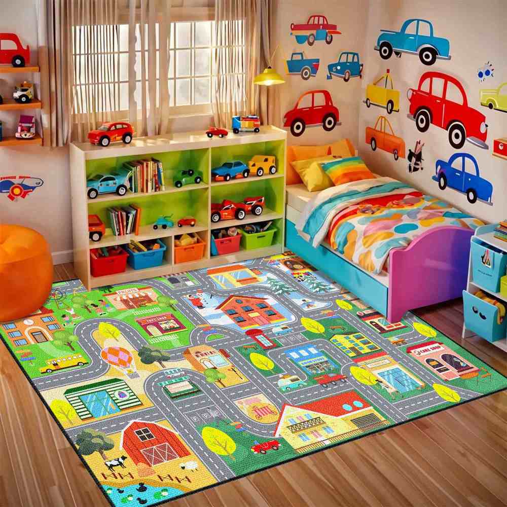 Colorful City Map Farm Village Kids Area Rug Toddler Playroom | CozyLil