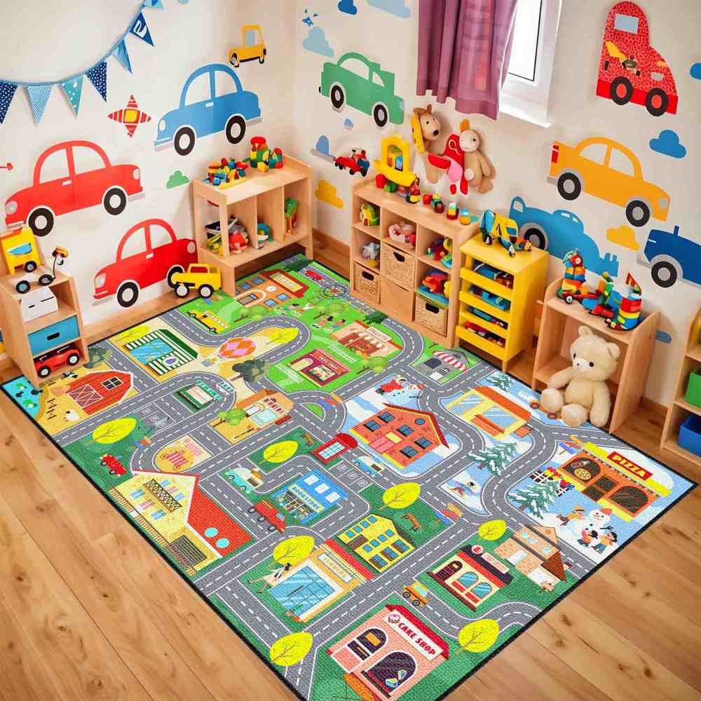 Colorful City Map Farm Village Kids Area Rug Toddler Playroom | CozyLil