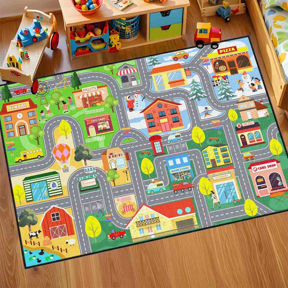 Colorful City Map Farm Village Kids Area Rug Toddler Playroom | CozyLil