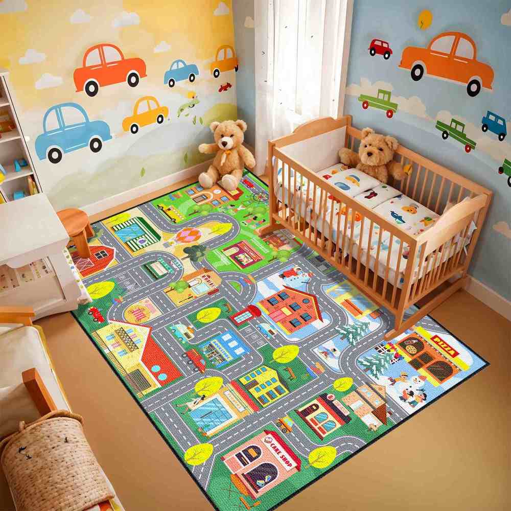 Colorful City Map Farm Village Kids Area Rug Toddler Playroom | CozyLil