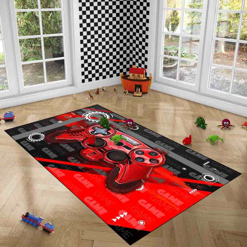 Red Mechanical Gear Gamer Controller Boys Playroom Rug | CozyLil