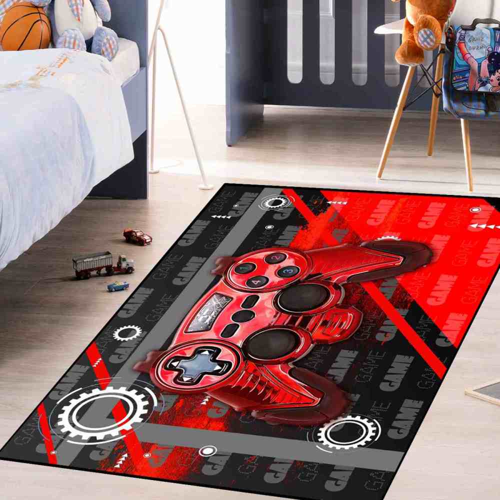 Red Mechanical Gear Gamer Controller Boys Playroom Rug | CozyLil