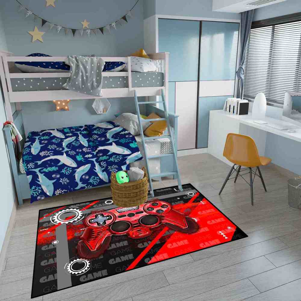 Red Mechanical Gear Gamer Controller Boys Playroom Rug | CozyLil