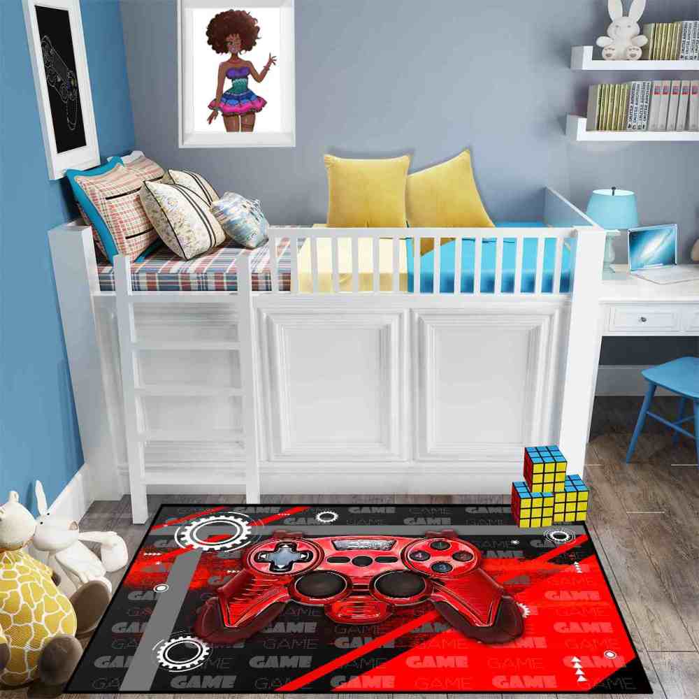Red Mechanical Gear Gamer Controller Boys Playroom Rug | CozyLil