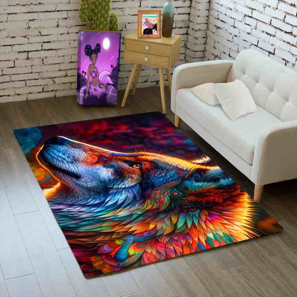 Colorful Abstract Wolf Area Rug Teen Gamer Room Decor Ultra Non-Slip | CozyLil