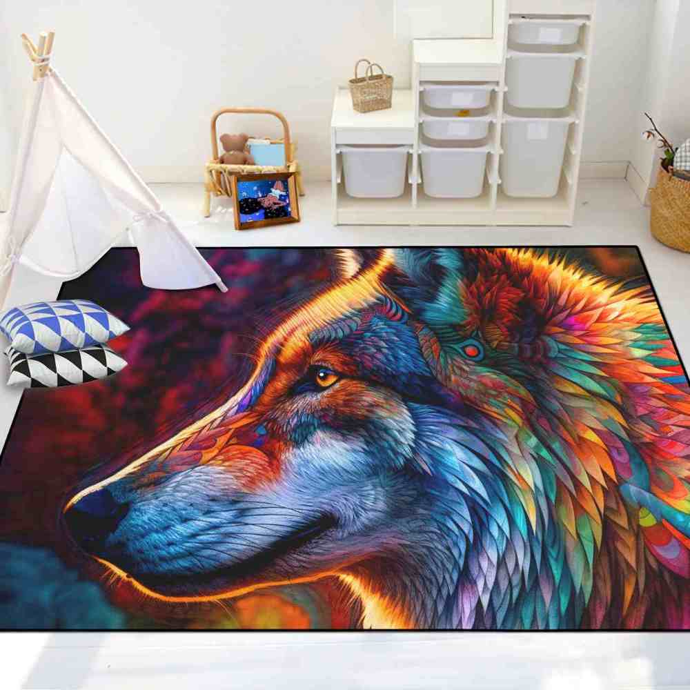 Colorful Abstract Wolf Area Rug Teen Gamer Room Decor Ultra Non-Slip | CozyLil