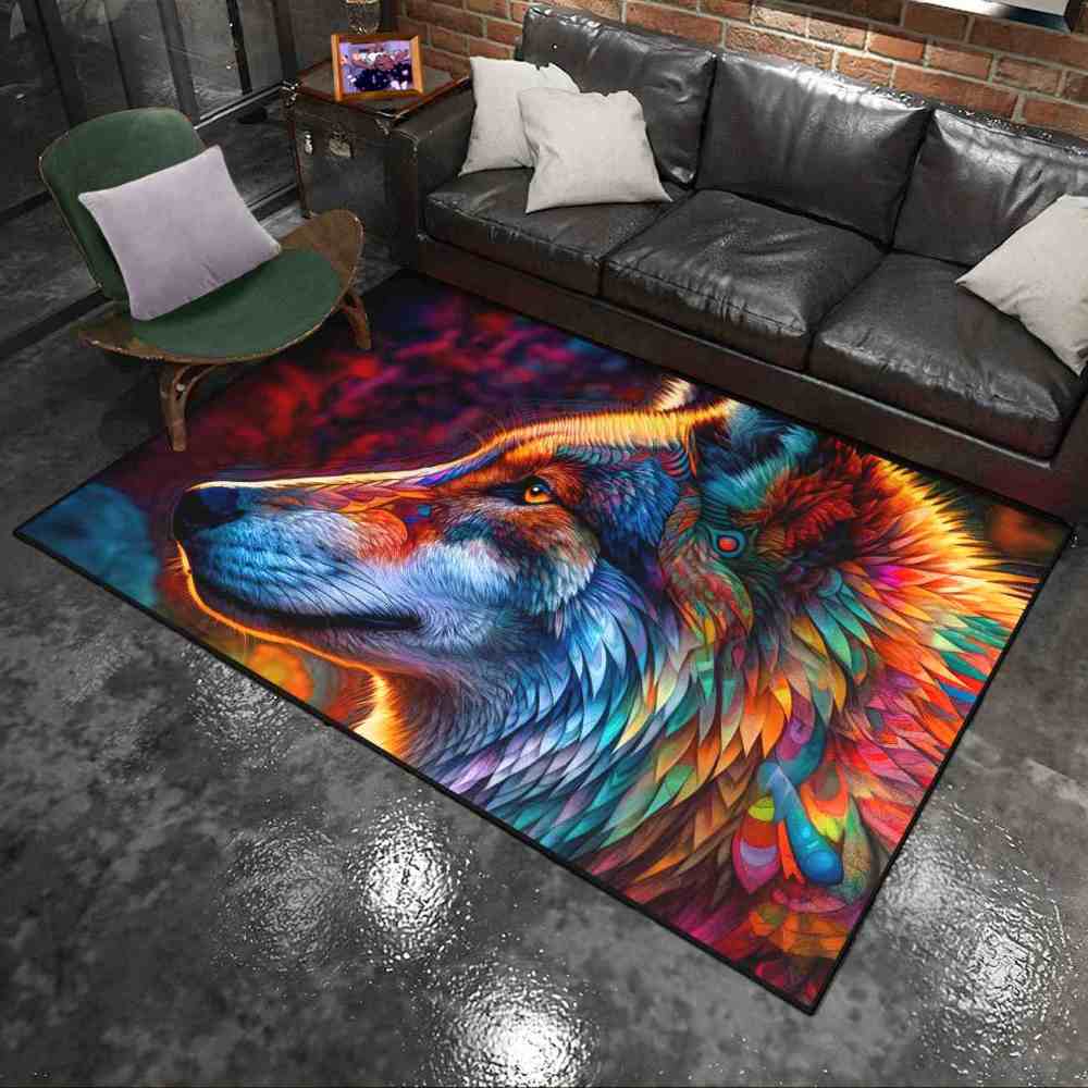 Colorful Abstract Wolf Area Rug Teen Gamer Room Decor Ultra Non-Slip | CozyLil