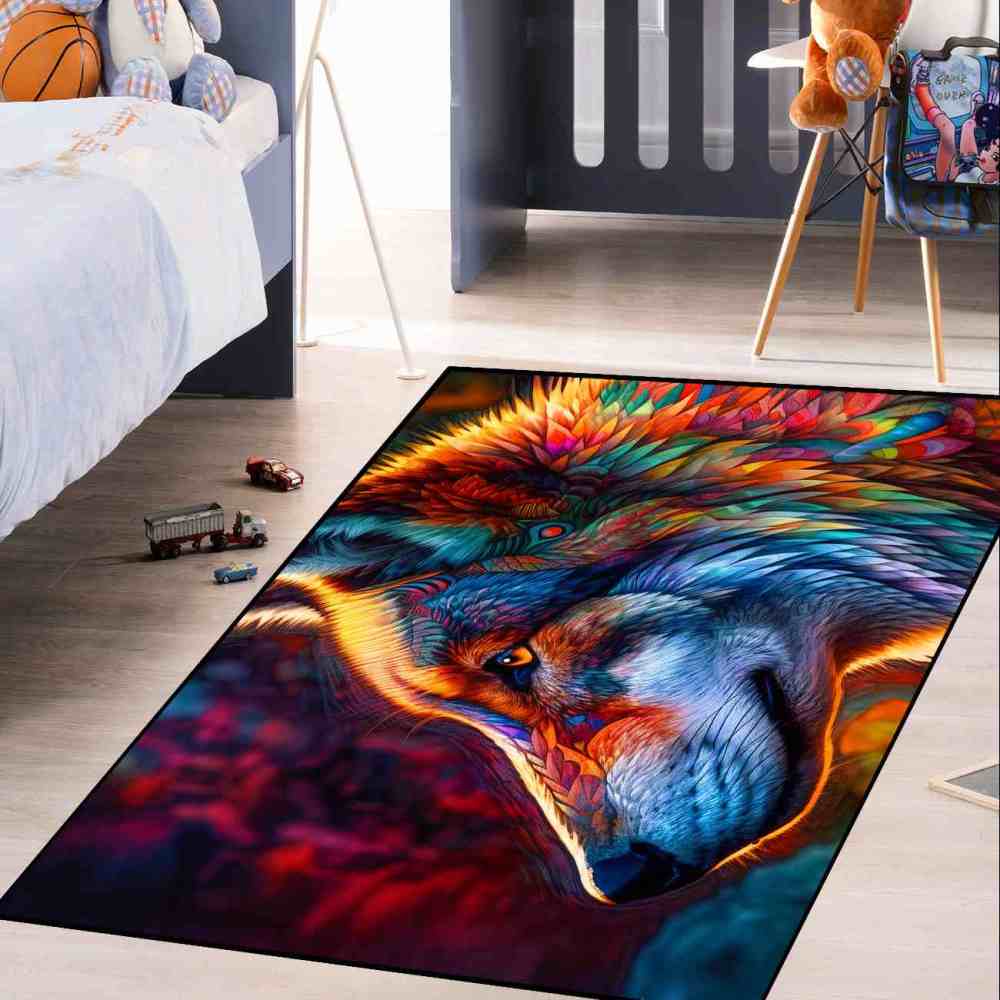 Colorful Abstract Wolf Area Rug Teen Gamer Room Decor Ultra Non-Slip | CozyLil