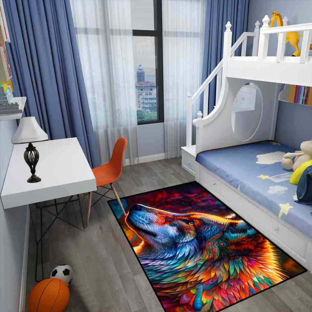 Colorful Abstract Wolf Area Rug Teen Gamer Room Decor Ultra Non-Slip | CozyLil